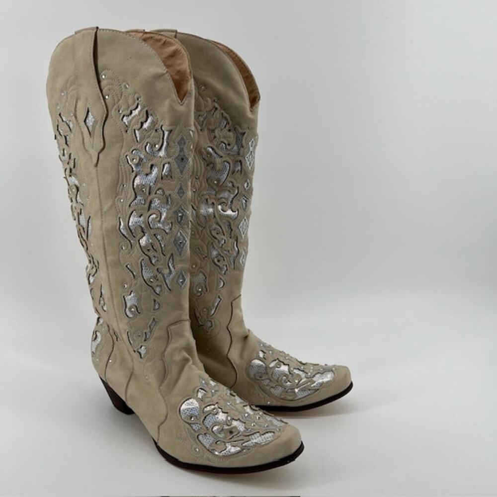 Womens Sz US9/EU40 Cowgirl Western Boots Cream Metallic Rhinestone Block Heel